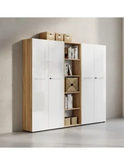 Büro-Set 2 Schränke & Regal, 240cm breit, Glasfront in Chalet-Eiche-Nb.-Weiß