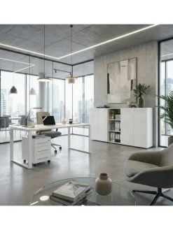 Büro-Set Schreibtisch Schrank Container Glasfront Modern in Weiß