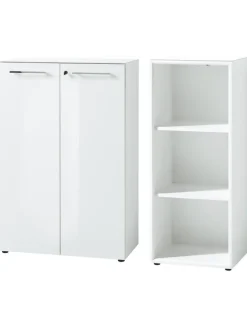 Büro-Set 2-tlg 120cm hoch Kommode x Regal, Glas Front in Weiß