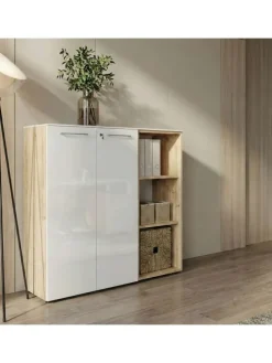 Büro-Set 2-tlg 120cm hoch Kommode x Regal, Glas Front in Chalet-Eiche-Nb.-Weiß