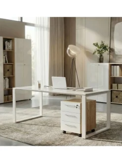 Büro-Set 2-tlg 120cm hoch Kommode x Regal, Glas Front in Chalet-Eiche-Nb.-Weiß