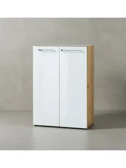 Büro-Set 2-tlg 120cm hoch Kommode x Regal, Glas Front in Chalet-Eiche-Nb.-Weiß