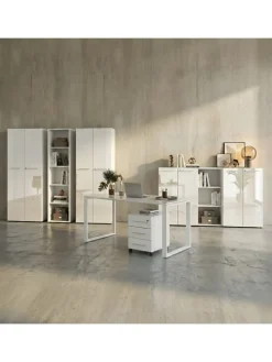Büro-Set 8-tlg, Glas Abschließbar Modern Büromöbel in Weiß
