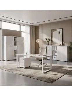 Büro-Set 8-tlg, Glas Abschließbar Modern Büromöbel in Weiß