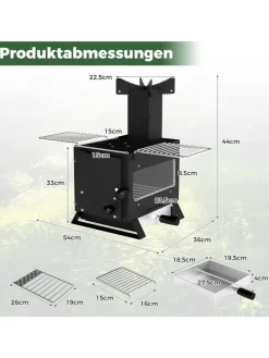 Campingofen mit Topfgestell tragbar in Schwarz