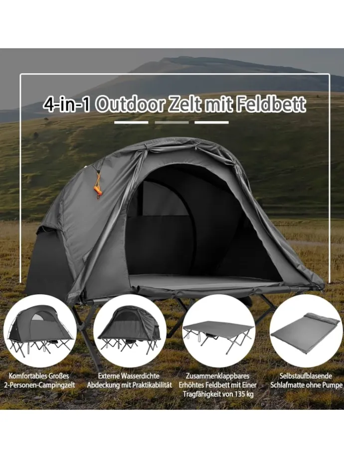 Campingzelt mit selbstaufblasender Matratze für 2 Personen in Grau