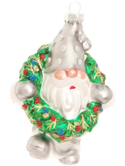 Christbaumornament "Zwerg mit Weihnachtskranz" in Silber/ Grün - (L)12 cm