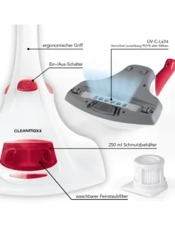 CLEANmaxx Milben-Handstaubsauger mit UV-C-Licht inkl. 2 Ersatzfilter - weiß/rot