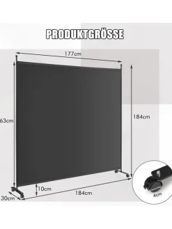 184cm Raumteiler auf Rollen in Schwarz