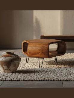 Couchtisch | Sheesham, 55x55x38cm, Ablage, Metallgestell