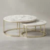 Couchtisch 2er-Set | Marmor-Optik Weiß-Gold, Metall, Rund in Gold