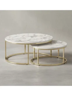 Couchtisch 2er-Set | Marmor-Optik Weiß-Gold, Metall, Rund in Gold