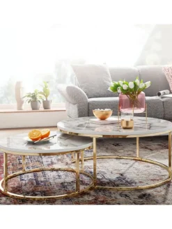 Couchtisch 2er-Set | Marmor-Optik Weiß-Gold, Metall, Rund in Gold