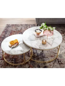 Couchtisch 2er-Set | Marmor-Optik Weiß-Gold, Metall, Rund in Gold