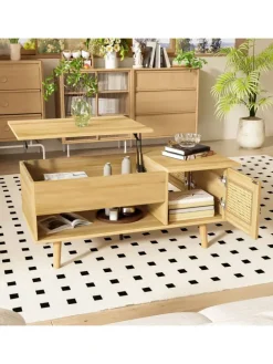 Couchtisch in Braun mit anhebbarer Platte und Rattantüren Stauraum Funktion