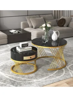 Couchtisch in Schwarz 2-in-1 set mit Marmorplatte Ø70/50 cm, H 45/38cm