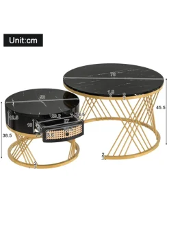 Couchtisch in Schwarz 2-in-1 set mit Marmorplatte Ø70/50 cm, H 45/38cm