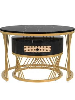 Couchtisch in Schwarz 2-in-1 set mit Marmorplatte Ø70/50 cm, H 45/38cm