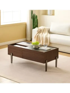 Couchtisch mit Schubladen & Glasplatte in Dunkelbraun