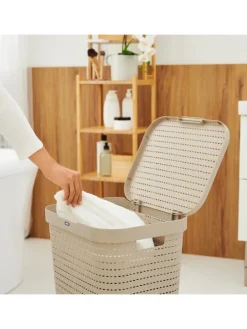 Country 3er-Set Wäschesammler 55l mit Deckel in Cappuccino