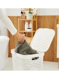 Country Wäschesammler 55l mit Deckel und Tragegriffen in Weiß