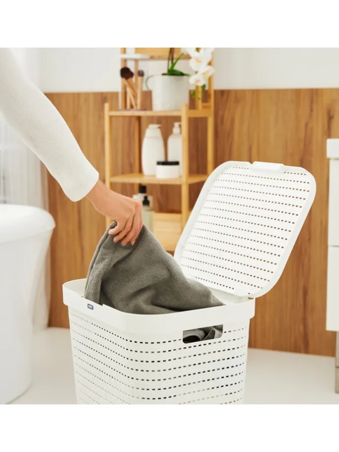 Country Wäschesammler 55l mit Deckel und Tragegriffen in Weiß