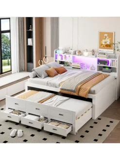 Daybett in Weiß 140x200 cm mit LED USB und 3 Schubladen ohne Matratze