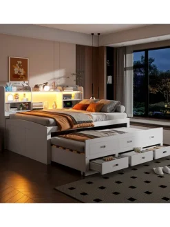 Daybett in Weiß 140x200 cm mit LED USB und 3 Schubladen ohne Matratze