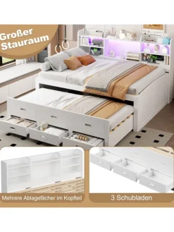 Daybett in Weiß 140x200 cm mit LED USB und 3 Schubladen ohne Matratze