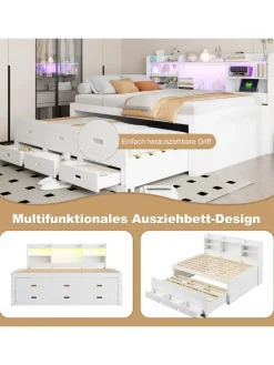 Daybett in Weiß 140x200 cm mit LED USB und 3 Schubladen ohne Matratze