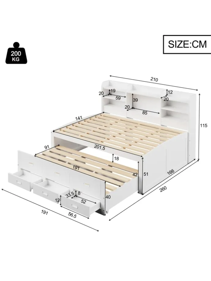 Daybett in Weiß 140x200 cm mit LED USB und 3 Schubladen ohne Matratze