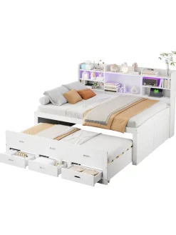 Daybett in Weiß 140x200 cm mit LED USB und 3 Schubladen ohne Matratze