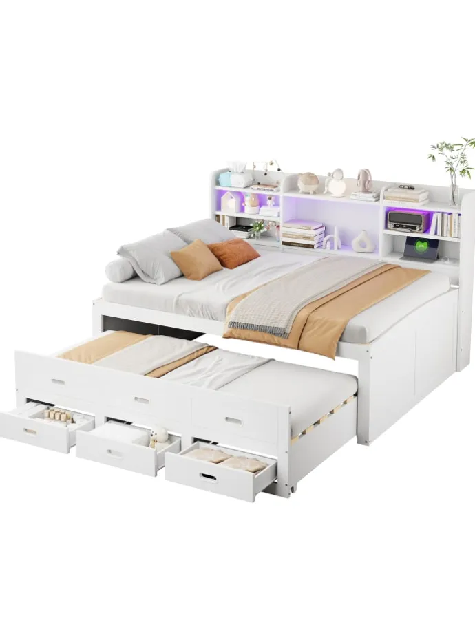 Daybett in Weiß 140x200 cm mit LED USB und 3 Schubladen ohne Matratze