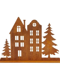 Dekoaufsteller "Häuser mit Bäumen" in Hellbraun - (B)39,5 x (H)28 x (T)10 cm