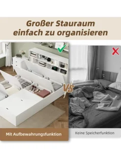 Doppelbett Massivholzbett mit USB-Anschluss und Stauraum 140x200cm in Weiß