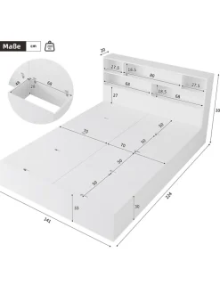Doppelbett Massivholzbett mit USB-Anschluss und Stauraum 140x200cm in Weiß