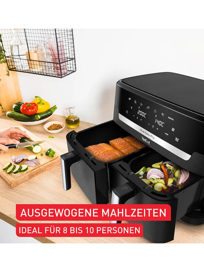 Doppelkammer-Heißluftfritteuse EY9428E0 "XXL Dual Easy Fry" in Schwarz - 11 l