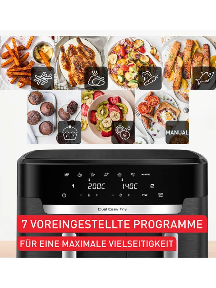 Doppelkammer-Heißluftfritteuse EY9428E0 "XXL Dual Easy Fry" in Schwarz - 11 l