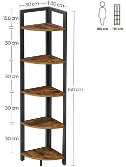 Eckregal in Braun/ Schwarz - (B)30 x (H)150 x (T)30 cm