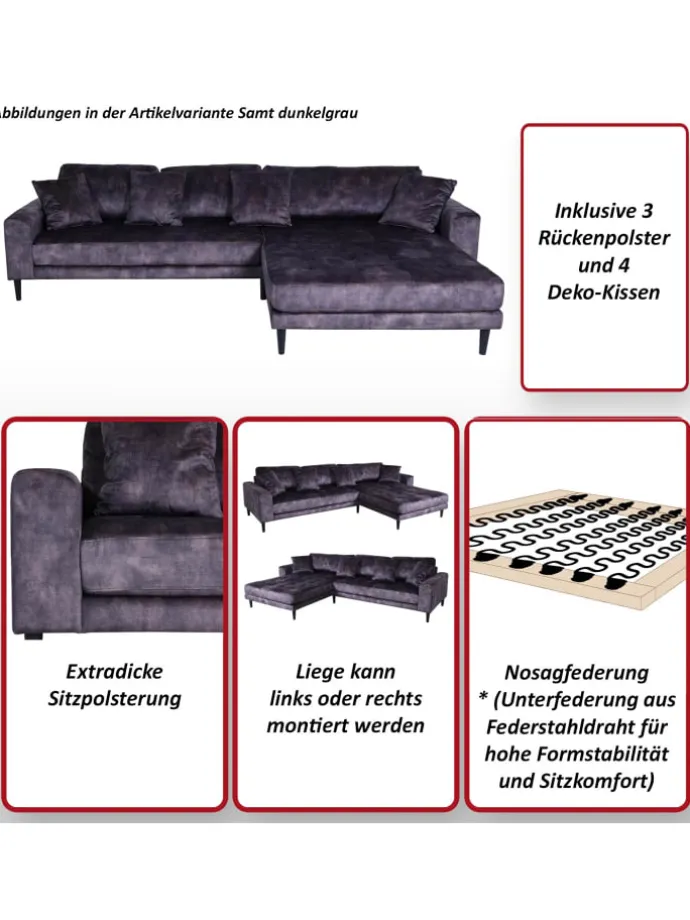 Ecksofa 3-Sitzer J54, Samt rost-rot
