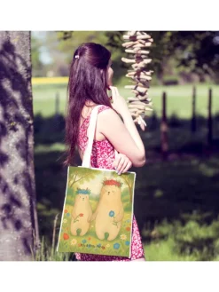 Einkaufstasche Bären mit Blumenkranz Design ohn... in Weiß