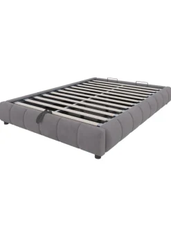 Einzelbett 140 x 200 cm Schwebebettrahmen mit Stauraum und LED-Lichtleiste, Grau