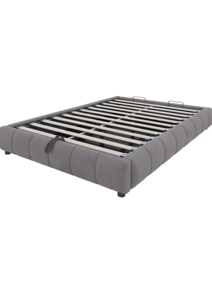 Einzelbett 140 x 200 cm Schwebebettrahmen mit Stauraum und LED-Lichtleiste, Grau