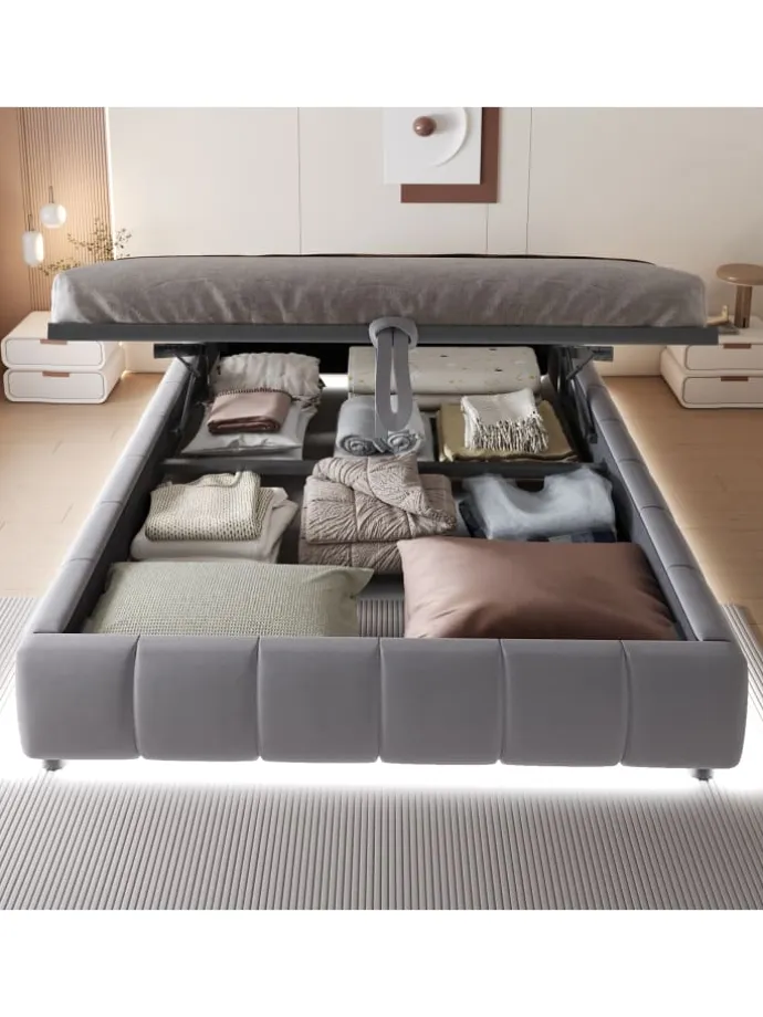 Einzelbett 140 x 200 cm Schwebebettrahmen mit Stauraum und LED-Lichtleiste, Grau