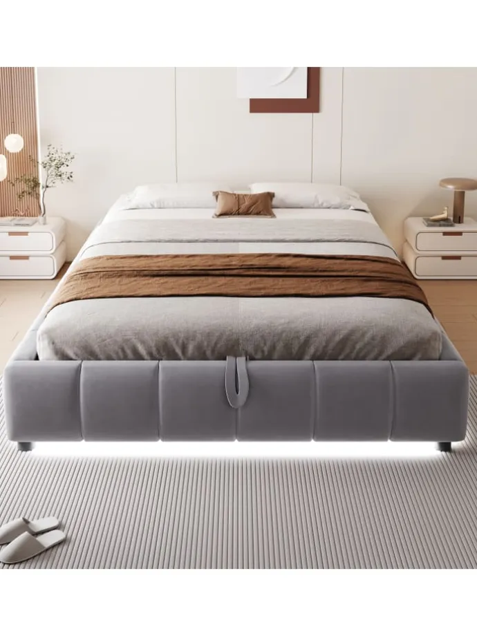 Einzelbett 140 x 200 cm Schwebebettrahmen mit Stauraum und LED-Lichtleiste, Grau