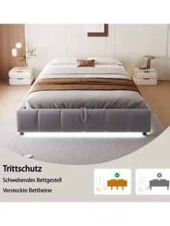 Einzelbett 140 x 200 cm Schwebebettrahmen mit Stauraum und LED-Lichtleiste, Grau