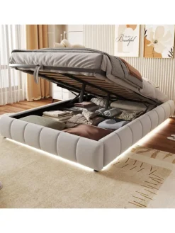 Einzelbett 140 x 200 cm Schwebebettrahmen mit Stauraum und LED Lichtleiste, Beige