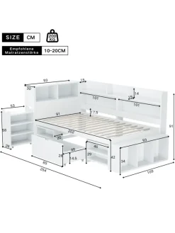 Einzelbett in Weiß mit Schubladen Regal und Stauraum 90x200 cm
