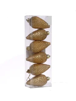 6er Set Baumschmuck Tannenzapfen bruchfest glitzernd in gold