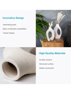 2er Set Deko Vase Keramik mit Loch für Pampasgras Trockenblumen Blumen in Weiß